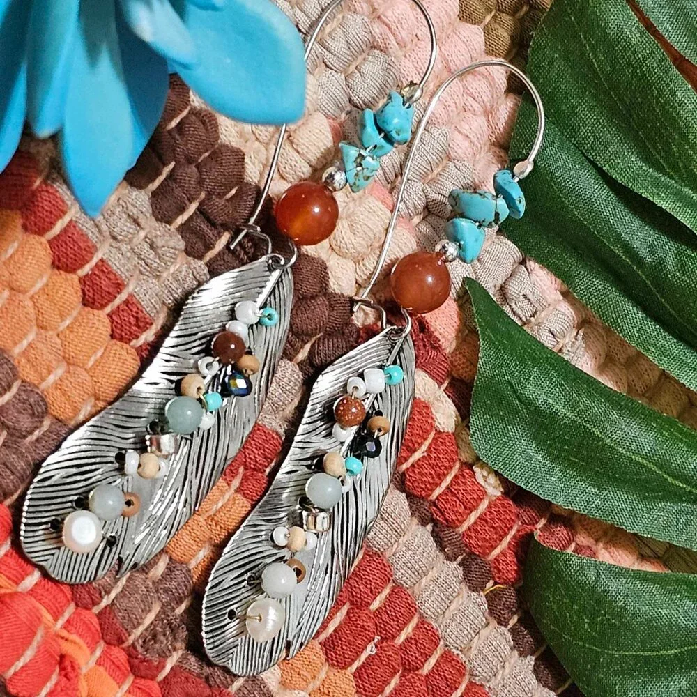 Artisan Earrings Southwestern Silver Feathers Turquoise Carnelian Multi Beaded - Picture 10 of 11